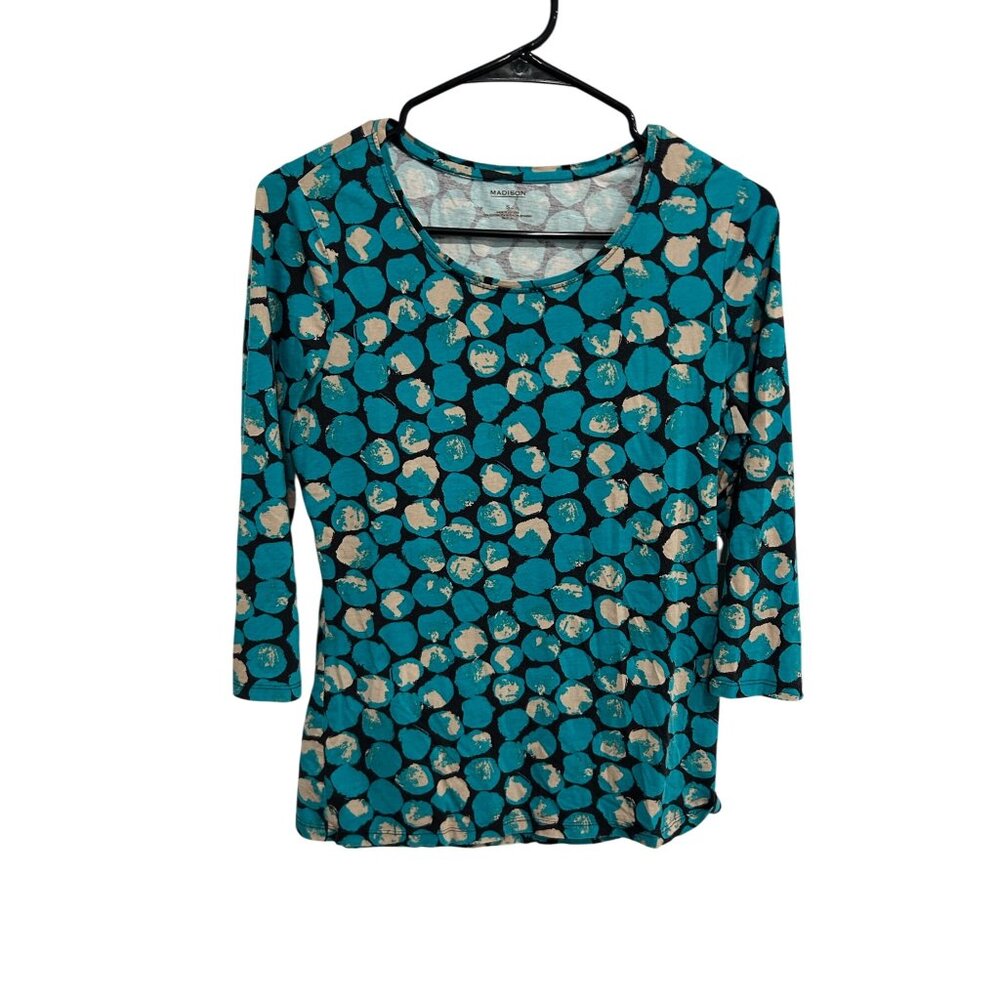 Madison Polka Dot Scoop Neck 3/4 Sleeve Top Blue Beige Sz Small Casual Wear